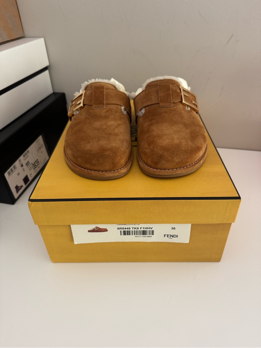 Fendi Chestnut Suede Shearling Mule Slides with Gold Buckle